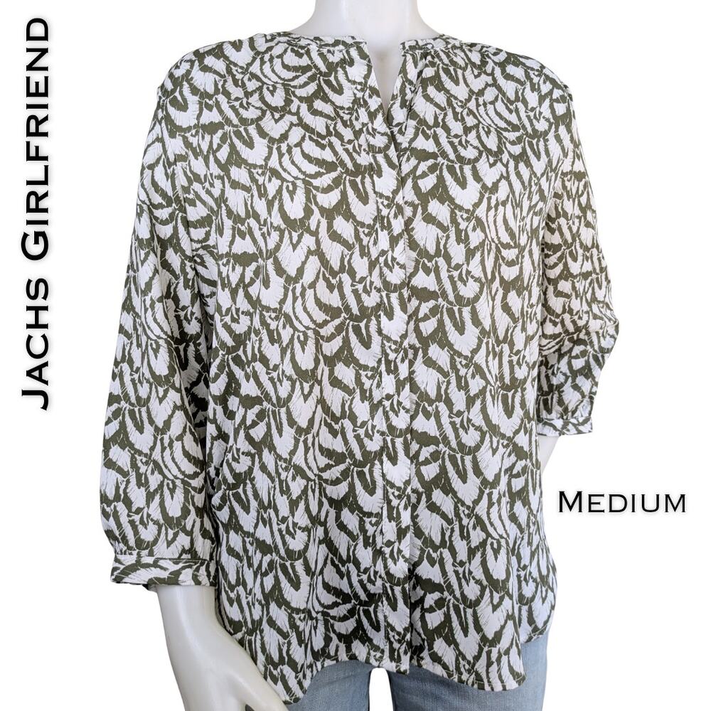 Jachs Girlfriend Button Front Blouse Medium Olive Green White Abstract Flowy